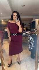 Büyük beden penye bordo renk tek kolu japone tek kolu uzun elbise