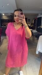 büyük beden pembe keten cepli elbise