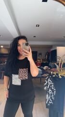 leopar ve çizgi detaylı tişört