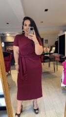 Bordo bağlama detaylı penye elbise